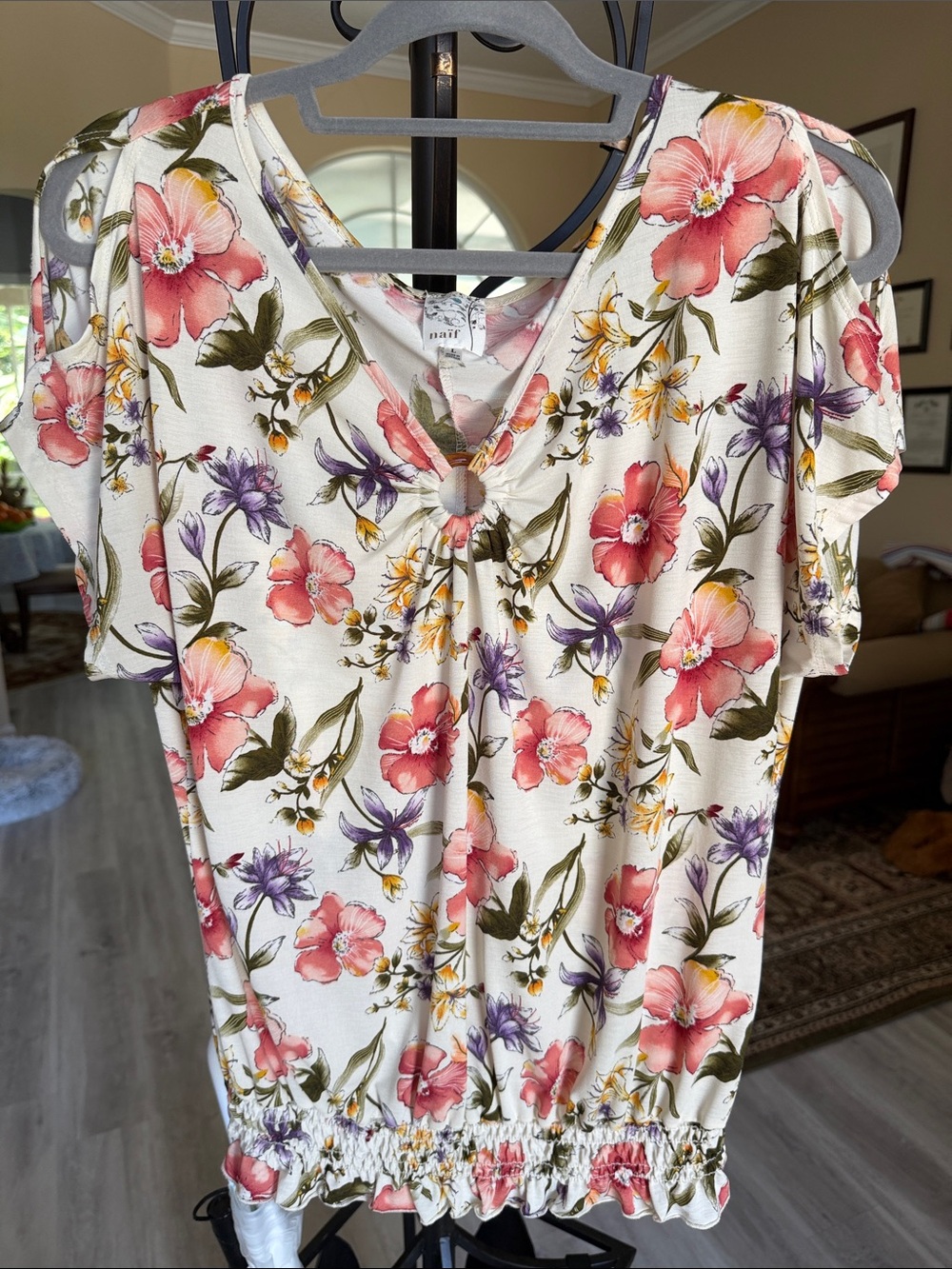 NAIF Floral Ring-Front Short Sleeve Tunic in White, Pink & Purple